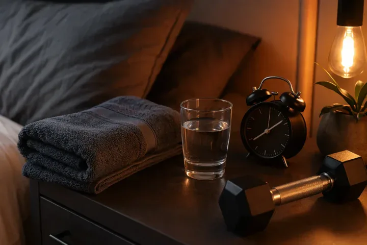 Szklanka wody, ręcznik, budzik i hantla na nocnej szafce