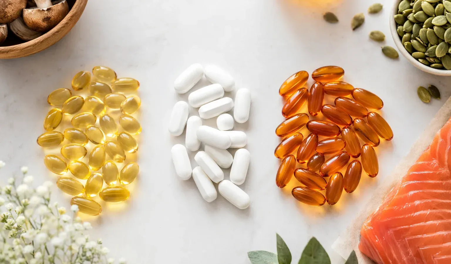 Kapsułki z witaminą D, magnezem i omega-3 obok łososia i pestek dyni