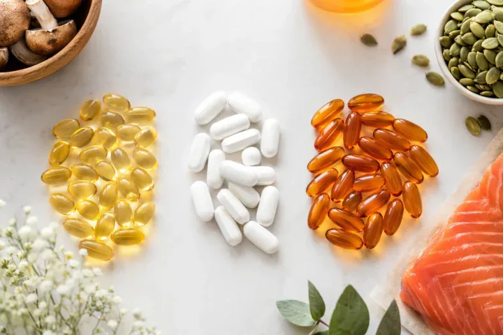 Kapsułki z witaminą D, magnezem i omega-3 obok łososia i pestek dyni